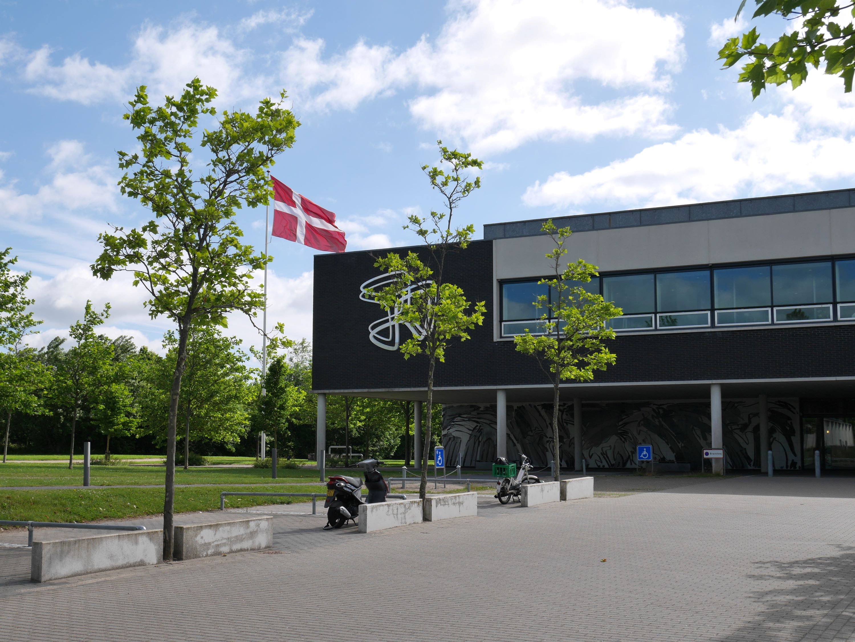 Flaget vajer ud for hovedbygningen på Hansenbergs adresse Skovvangen 28 i Kolding.