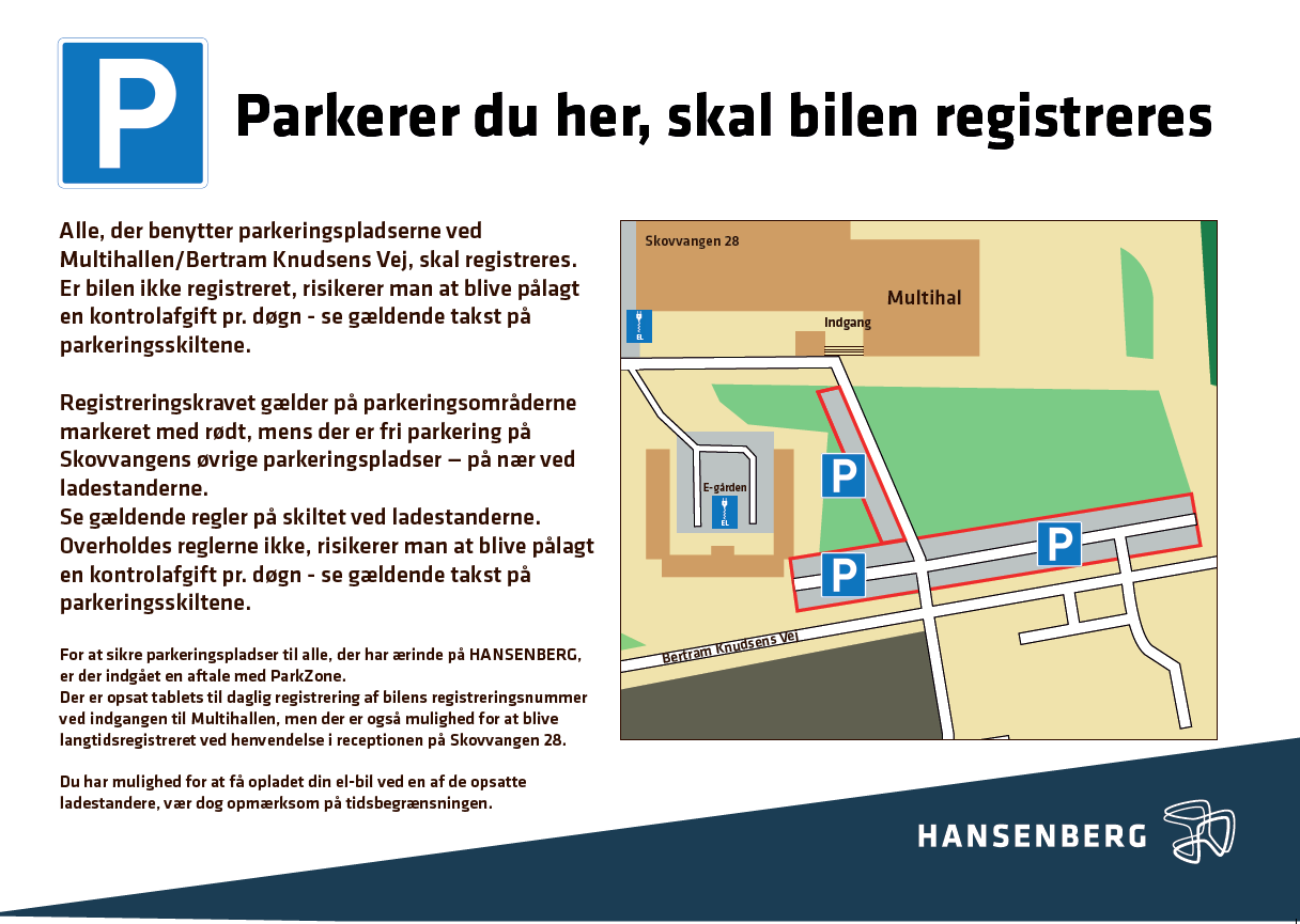 Parkeringsoversigt ved Hansenbergs nye bygning - her er det vigtigt at registrere bilen.