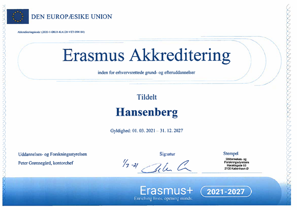Erasmus Akkreditering Charter tildelt Hansenberg i 2021 og frem.