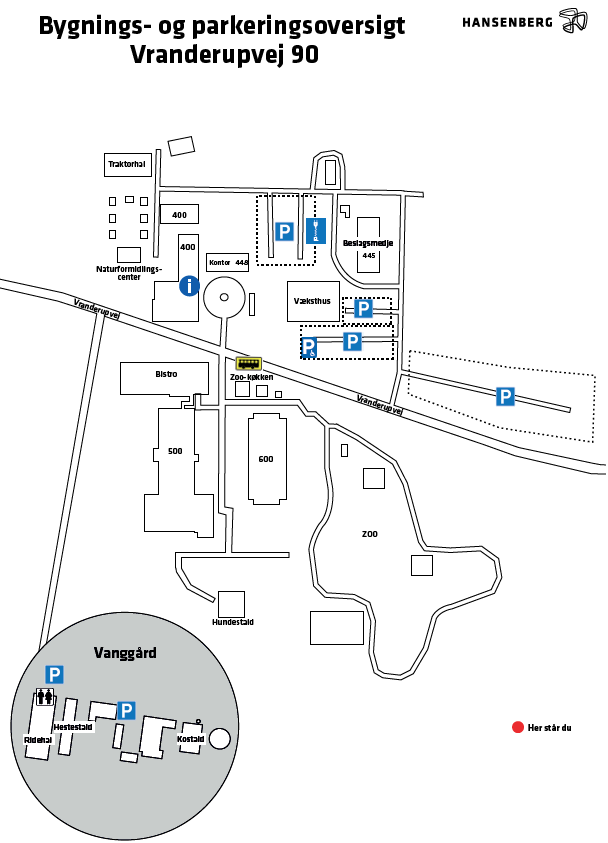 Bygnings- og parkeringsoversigt på Hansenbergs adresse på Vranderupvej lidt udenfor Kolding.