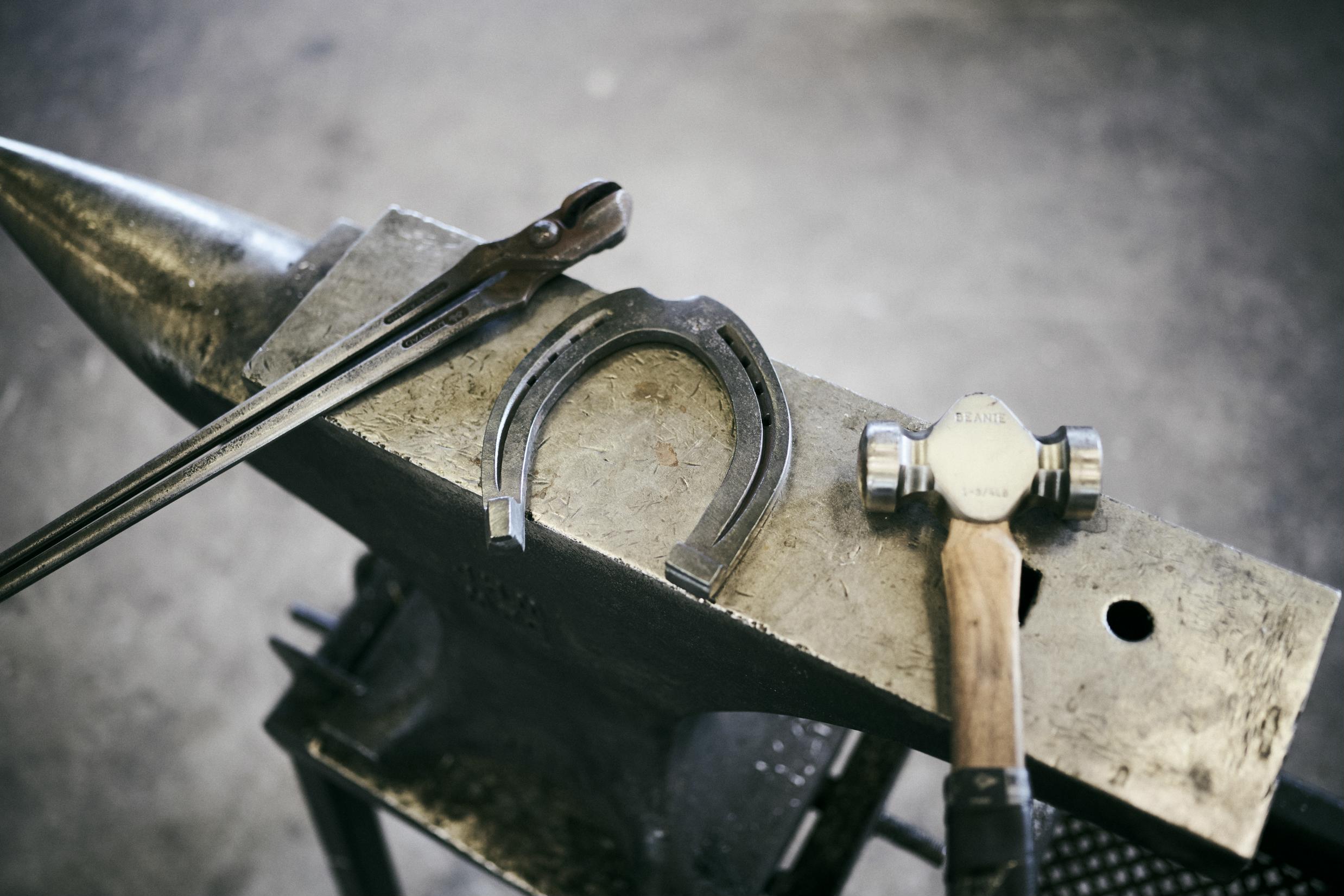 En sømudtrækker en ny hestesko og en smedehammer på en ambolt - er en del af det værktøj, som en beslagsmedeelev lærer at bruge på uddannelsen.