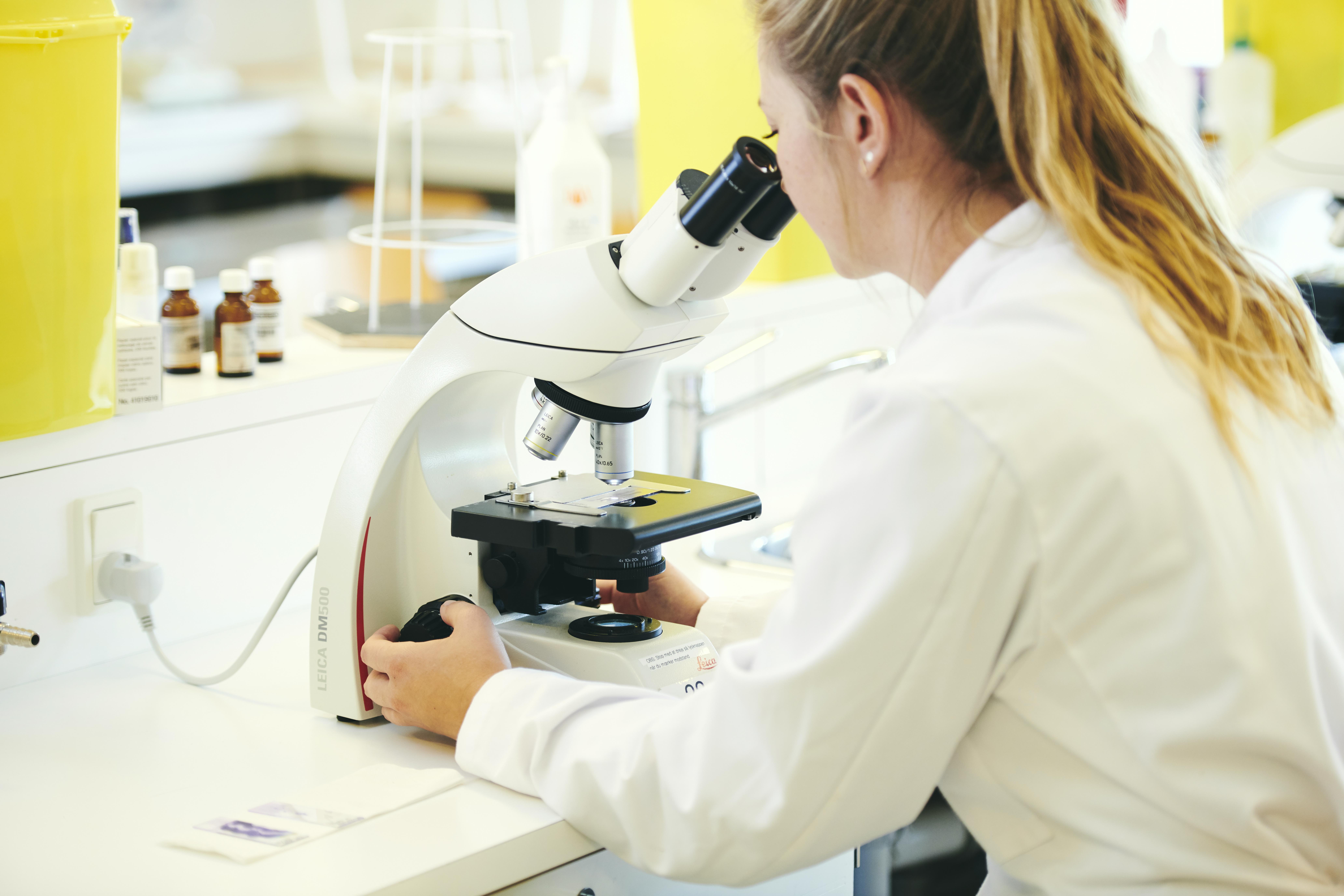 En elev på veterinærsygeplejerskeuddannelsen undersøger nogle prøver i mikroskopet.