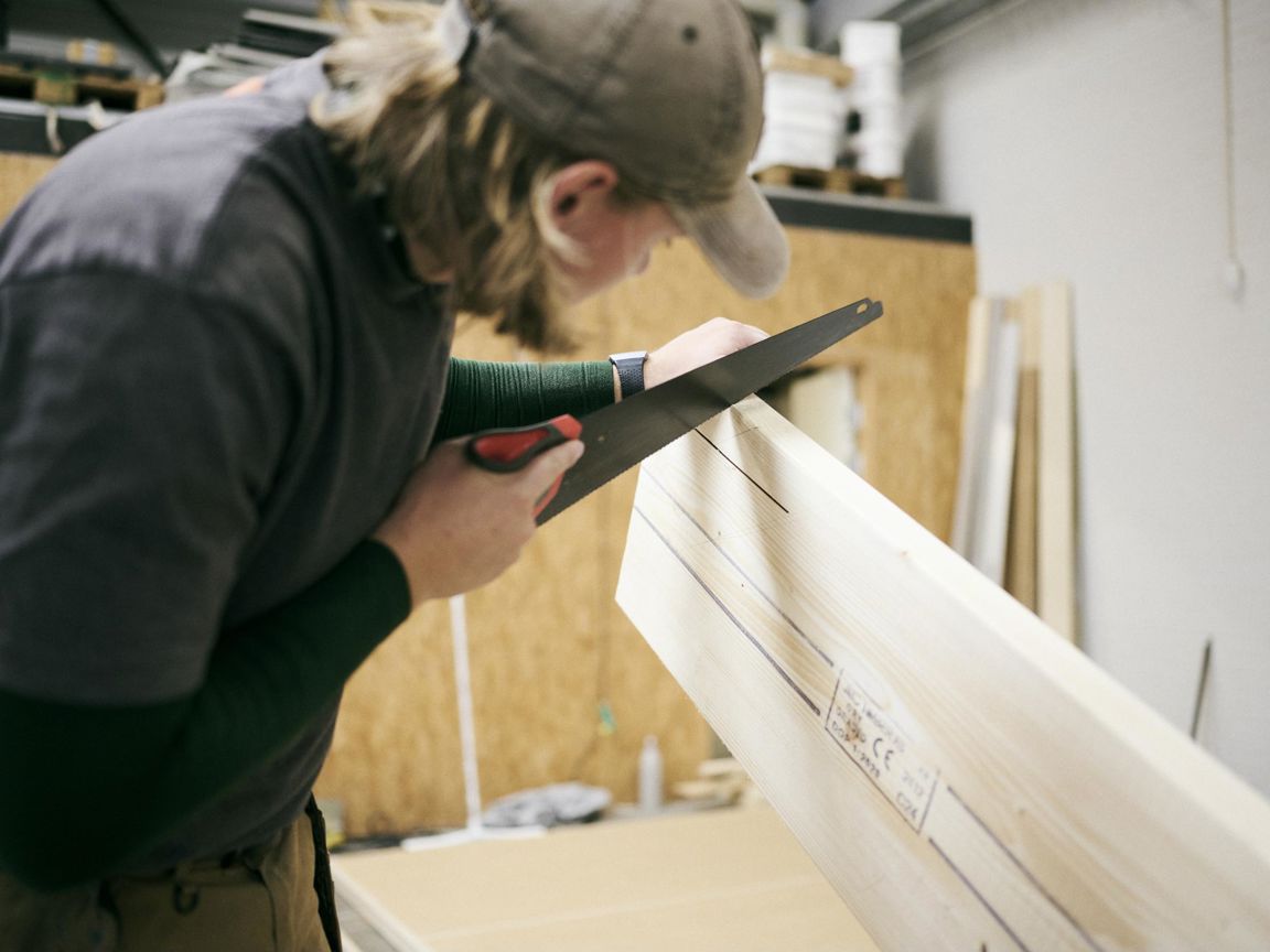 En tømrerelev lægger an til at save i et bræt.