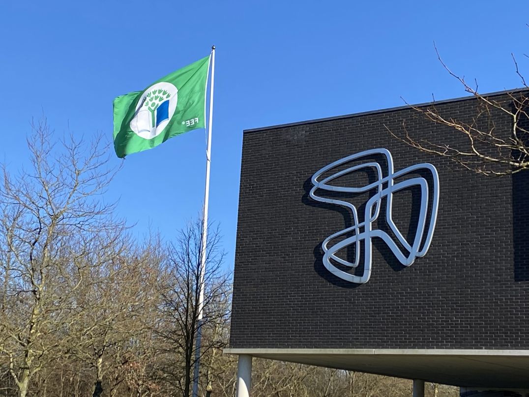 Det grønne flag vajer ved Hansenbergs hovedbygning på skolens adresse Skovvangen 28 i Kolding.
