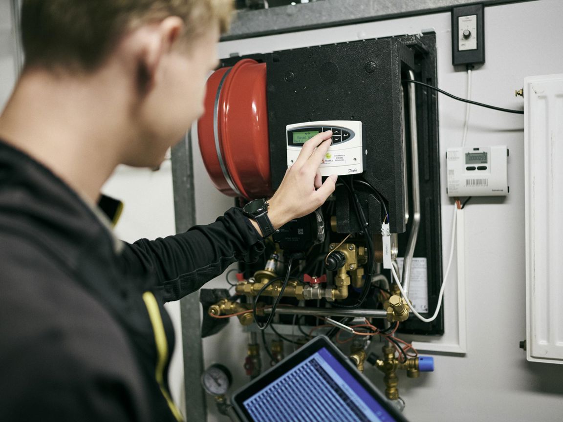 En vvs-energispecialistlærling indstiller et af skolens mange anlæg med hjælp fra en app på en tablet.